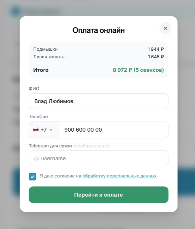 Форма оплаты — сводка заказа, ФИО, телефон