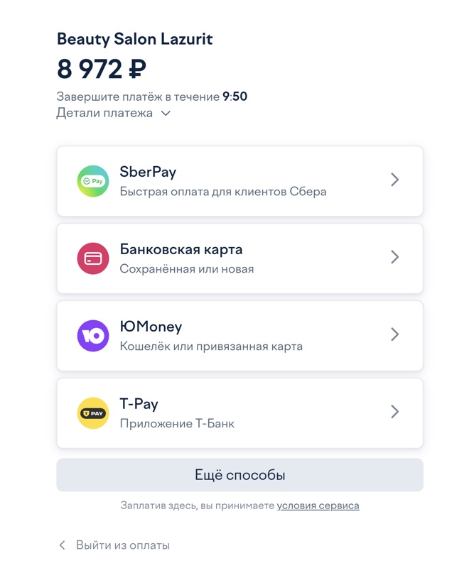 Выбор способа оплаты — SberPay, карта, ЮMoney, T-Pay